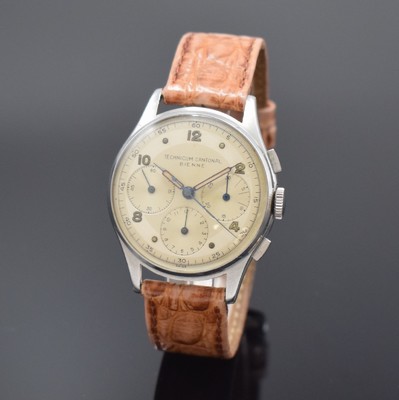 TECHNICUM CANTONAL BIENNE sehr seltener Valjoux 72 Armbandchronograph in Stahl, Schweiz um 1950, Handaufzug, 3-tlg. Geh., Boden u. Glasrand aufgedr., ...