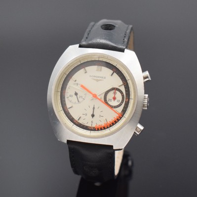 LONGINES Schaltradchronograph mit Nonius- Zeiger Referenz 8271/1 in Stahl, Schweiz um 1975, Handaufzug, verschr. Geh., orig. Krone, silb. Zifferbl. ...