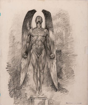 Leo Arndt, 1857 Eilenburg - 1945 Berlin, Bleistiftzeichnung auf dickem Papier, wohl Entwurfskizze für ein Denkmal, geflügelter Ikarus auf Plinthe, ...