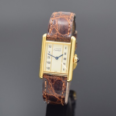 CARTIER Paris Damenarmbanduhr Tank Vermeil Referenz 5057001, Schweiz 1990er Jahre, verg. Silbergeh. inkl. orig. Lederband m. orig. Dornschl., quarz, ...