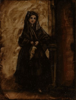 Unbekannter Künstler, Südamerika, wohl Mexiko, um 1780-1820, Öl auf gehämmerter Kupferplatte, Darstellung einer jungen Frau in dunkler Kleidung ...