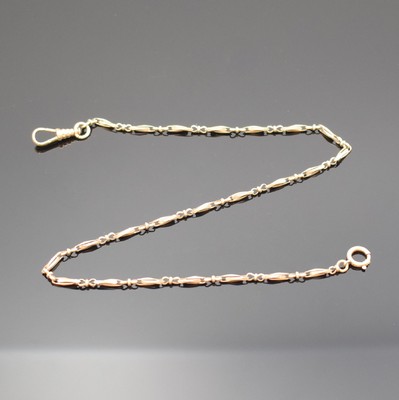 Taschenuhrkette in RG 585/000, um 1920, Karabiner u. Federring, Nutzsp., L. ca. 38,5 cm, Gew. ca. 11g, in gebrauchsfähigem Zustand