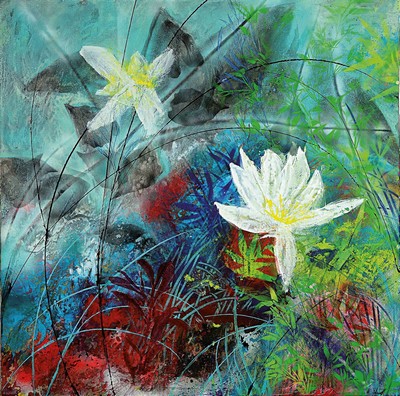 Marion Schmidt, geb. 1963 Eschwege, Lotus Pond, Acryl und Öl auf Lwd, rechts unten signiert, ca. 100x100cm