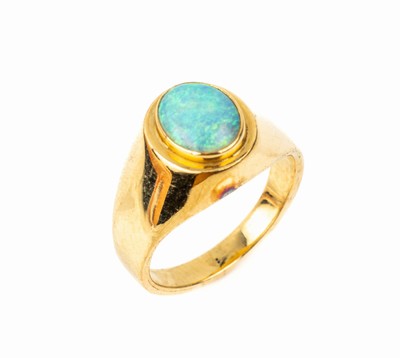 18 kt Gold Opal Ring, GG 750/000, Meistermarke HSH ligiert, hochfeiner Opal- Cabochon ca. 1.0 ct, total ca. 5.5 g, RW 48