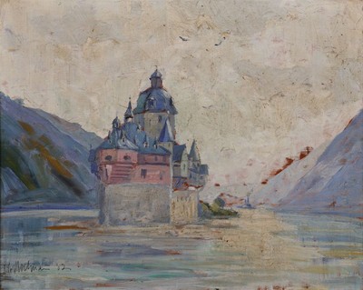 Ungedeuteter Künstler des frühen 20.Jh., Burg Pfalzgrafenstein, Öl/Holzplatte, links unten signiert Kirchmaier o.ä. und datiert 1932, 40x50 cm, ...