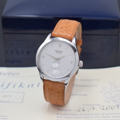 HIEBER München limitierte Jubiläums-Armbanduhr in Stahl Kaliber AS 1130, Schweiz lt. orig.Papier verk. 2001, Handaufzug, beids. vergl. Geh., Boden ...