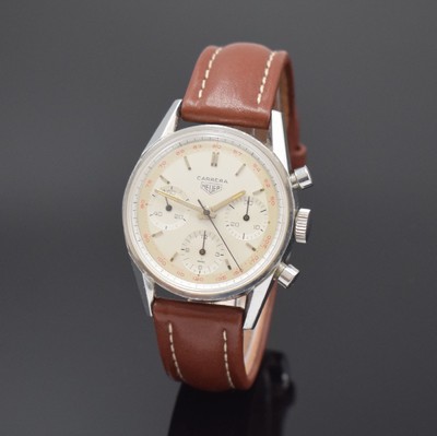 HEUER Carrera seltener, legendäre Schaltradchronograph Referenz 2447, Handaufzug, Schweiz 1960er Jahre, Edelstahl, Boden geschr., silb. ...