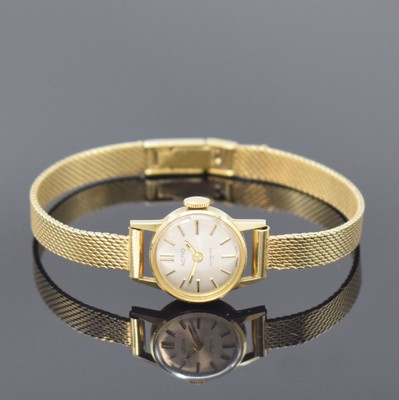 AERO Damenarmbanduhr in GG 585/000, Schweiz um 1965, Handaufzug, gedr. Geh., abnehmbares Milanaiseband, silb. Zifferbl., gold. Indizes u. -zeiger, ...