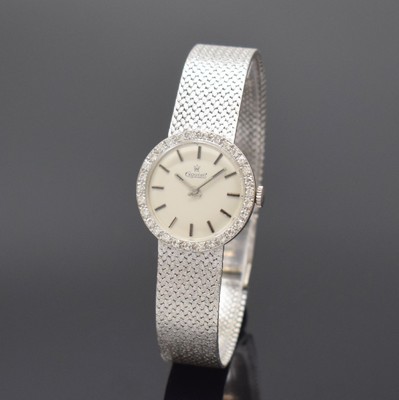 EXQUISIT diamantbesetzte Damenarmbanduhr in WG 585/000, Schweiz/Deutschland um 1965, Handaufzug, gedr. Geh., anges. Milanaiseband, silb. Zifferbl., ...