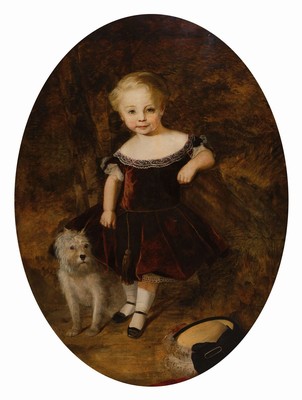 Unbekannter Porträtist, um 1890-1900, Ganzporträt eines Kindes mit kleinem Hund, Öl/Lwd, unsigniert, ovaler Bildausschnitt ca. 120x90cm, ...
