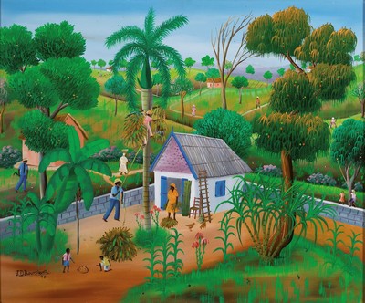 Jean David Bouriquot, geb. 1949, zeitgen. Maler aus Haiti, Menschen bei der Gartenarbeit, Öl/Hartfaser, links unten signiert und dat. 75, ca. ...