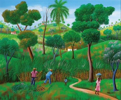 Jean David Bouriquot, geb. 1949, zeitgen. Maler aus Haiti, Bei der Feldarbeit, Öl/Hartfaser, rechts unten sign., ca. 50x60cm, R. ca. 56x66cm