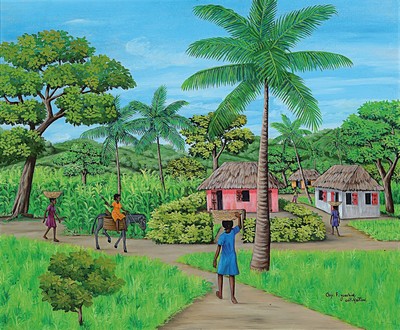 Guy Joachim, ge. 1955, zeitgen. Künstler aus Haiti, Menschen auf dem Weg zum Dorf, Öl/Hartfaser, rechts unten signiert und bez. Cap Haitien, ca. ...