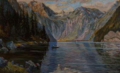Eugen Spiro, 1874 Breslau-1972 New York, Ansicht vom Königsee, Öl/Hartfaser, rechts unten signiert und dat. 33, ca. 50x80cm, R. ca. 68x98cm.