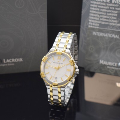 MAURICE LACROIX AIKON Armbanduhr in Stahl/vergoldet, Schweiz um 2020, quartz, gedr. Geh., integr. orig. Band m. dopp. Faltschl., Perlmuttzifferbl., ...