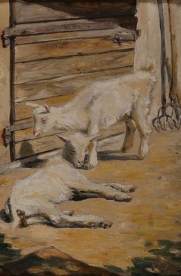 Heinz Friedrich, 1924-2018 Schwetzingen, zwei Ziegen vor dem Stall, Öl/Holz, rückseitig bez. Mittagssiesta, rechts unten signiert, ca. 45x30cm, ...