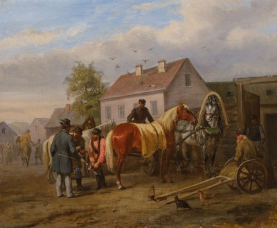 Zuschreibung: Léon Job Vernet, 1830- ca. 1875, Der Hufschmied mit Pferden und Bauern vor dem Stall, Öl/Lwd, rechts unten signiert L...Vernet und ...