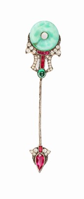 Art-Deco-Anstecknadel, Frankreich approx. 1925/30, 800er Silber, Eberkopfpunze, Meistermarke in Raute nicht identifiziert, farbloser, roter und ...