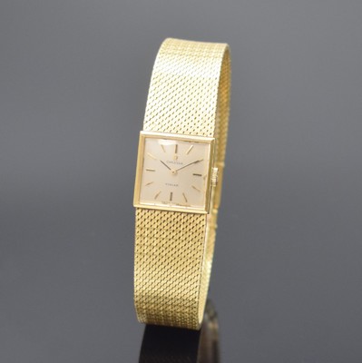 OMEGA / TÜRLER Damenarmbanduhr in GG 750/000 Referenz 8108, Handaufzug, 2-teil. Geh., Boden aufgedr., silb. Zifferbl. m. aufgel. Indizes l. fl., ...