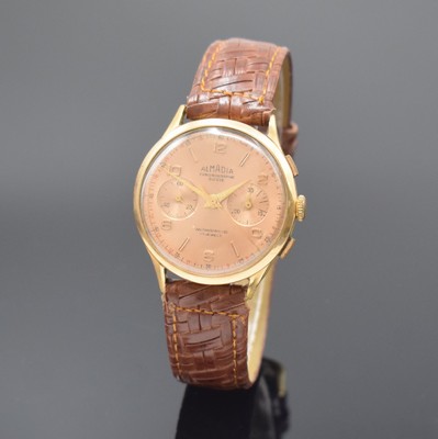 ALMADIA / CHRONOGRAPHE SUISSE Armbandchronograph in RG 750/000, Schweiz um 1960, Handaufzug, Boden aufgedr., Geh. dell., Metall Innengeh., ...