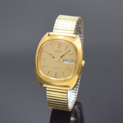 OMEGA Megaquartz 32 KHz Geneve Herrenarmbanduhr Referenz 196.0038, Schweiz um 1974, quarz, verg. Gehäuse, Edelstahlboden geschr., gold. Zifferbl. m. ...