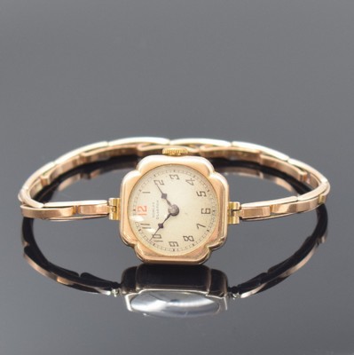 SORLEY GLASGOW kleine Armbanduhr in RG 375/000, Schweiz / England um 1940, 3-teil. Geh. an Flexband, Boden m. Widmungsgravur und Glasrand aufgedr., ...