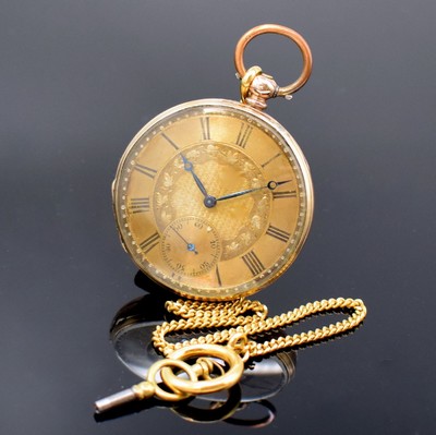 Offene Taschenuhr in RG 585/000, Schweiz um 1870, Schlüsselaufzug, guill. u. grav. Geh. dell., Metallcuvette, guill. Zifferbl. verg., gebl. Zeiger ...