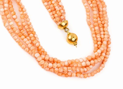 5-reihiges Collier aus Engelhautkorallen, 18 kt Gold Kugelschließe, GG 750/000, Korallenkugeln, D. ca. 4 mm, L ca. 41 cm, Versand nur innerhalb der ...