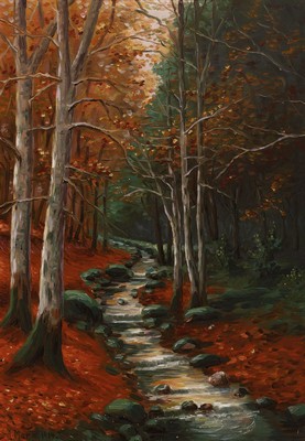Alphonse Marx, französischer Künstler der Jahrhundertwende, Herbstwald mit Flusslauf, signiert und datiert 1914, Öl/Platte, 72x50 cm Rahmen best., ...
