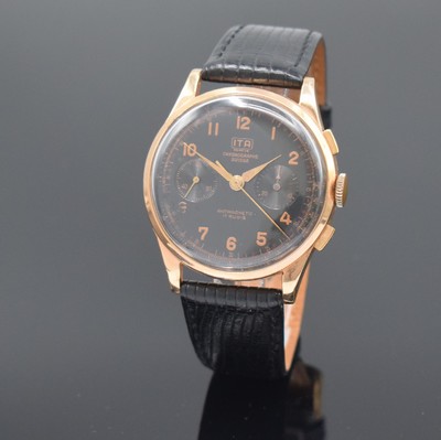 ITA / CHRONOGRAPHE SUISSE Herrenarmbanduhr mit Chronograph in RG 750/000, Schweiz um 1950, Handaufzug, Boden und Glasrand aufgedr., schwarzes. ...