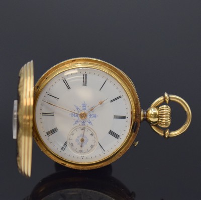 A.FUESLIN & Cie Diamantbesetzte Halbsavonette in GG 750/000, Schweiz um 1870, beids. schwarz emaill. 3-Deckel Goldgeh., gerippter Rand, 2-tlg. ...