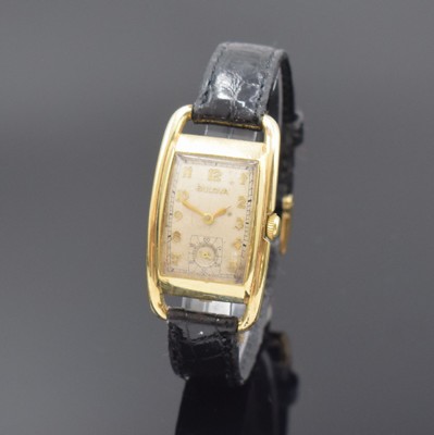 BULOVA "Curvex" rechteckige Armbanduhr, USA um 1940, Handaufzug, gebogenes gold-filled Geh., Boden aufgedr., silb. Zifferbl. pat./fl., ...