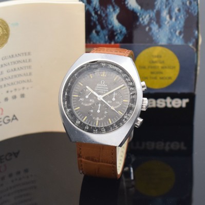 OMEGA Speedmaster Mk II Herrenchronograph in Stahl Referenz 145.014 mit seltener original MOON-CRATER-BOX, Schweiz verk. lt. orig. Papier 12/1969, ...
