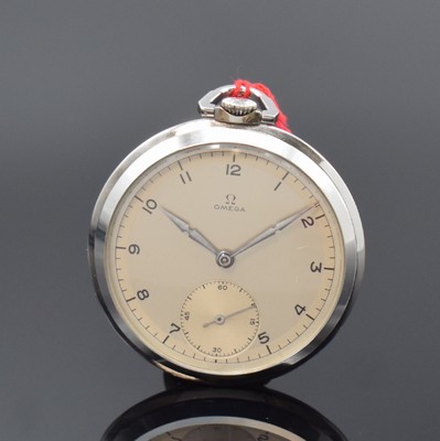 OMEGA Art-Deco Taschenuhr in Stahl, Schweiz um 1938, 3-tlg. Geh., Boden u. Glasrand aufgedr., silb. Duoton-Zifferbl., arab. Zahlen, silb. Zeiger, kl. ...