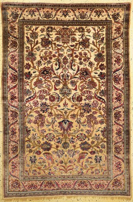 Keschan Seide "Souf" antik, Persien(mit Königskrone), 19.Jhd, reine Naturseide, ca. 197 x 132 cm, EHZ: 2, Souf mit kleineren Abnutzungen.
