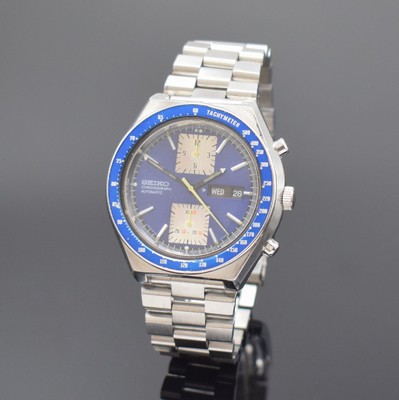 SEIKO Schaltradchronograph Referenz 6138-0030 in Stahl, Japan um 1975, Automatik, verschr. Geh., orig. Stahlband, blaue Tachymeter- Lünette, blaues ...