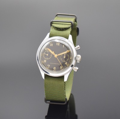 LANDERON Armbandchronograph im Militärdesign, Schweiz um 1945, Handaufzug, verchr. Geh., Stahlboden verschr., sehr schönes schwarzes ...
