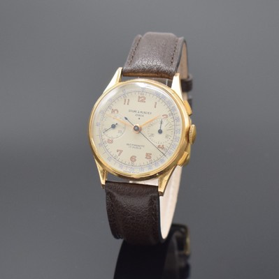 BAUME & MERCIER Armbandchronograph in RG 750/000, Schweiz um 1945, Handaufzug, gedr. Geh. dell., Metall-Innendeckel, silb. Zifferbl. rest., gold. ...