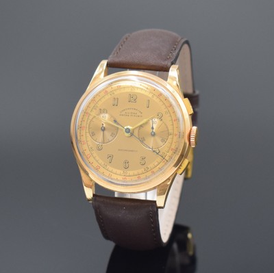 CHRONOGRAPHE SUISSE Armbandchronograph in RG 750/000, Schweiz um 1945, Handaufzug, gedr. Geh. dell., Metall-Innendeckel, sehr schönes gold. ...
