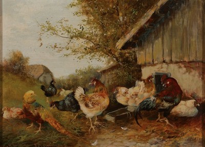 Max Hänger, 1898-1961 München, Hahn, Hühner und Fasan auf dem Hof an der Wasserstelle, Öl/Holz, links unten sign. und bez. München, ca. 18x24cm, ...