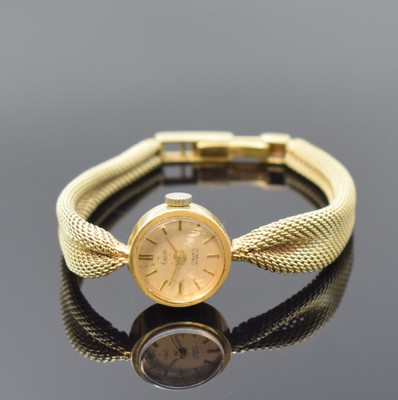 ESCO Damenarmbanduhr in GG 585/000, Schweiz um 1965, Handaufzug, gedr. Geh., gefaltet anges. Milanaiseband, silb. Zifferbl. fl., gold. Indizes u. ...