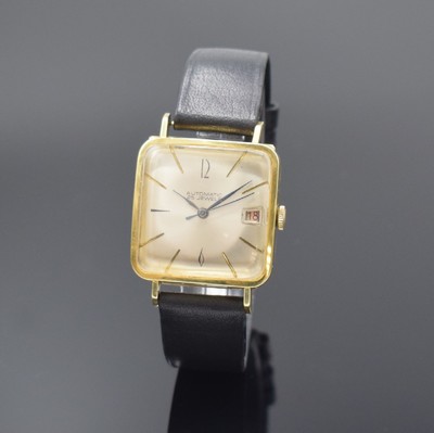Quadratische Herrenarmbanduhr in GG 585/000, Schweiz um 1960, Automatik, Scharniergeh., silb. Zifferbl. fl., gebl. Zeiger, Datum b. 3, vern. Werk ...