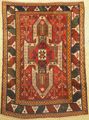 Antiker Schildkazak, Kaukasus, 19.Jhd, Wolle auf Wolle, ca. 233 x 175 cm, EHZ: 2-3