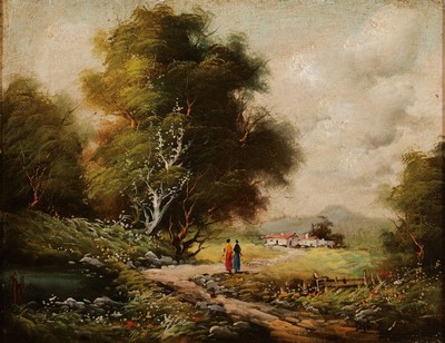 Diez, deutscher Maler, um 1900, zwei Spaziergänger am Waldrand, laufen auf ein Dorf zu, Öl/Lwd, rechts unten signiert, ca. 27x35cm, R. ca. 34x42cm