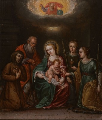 Unbekannter Künstler des frühen 19. Jh., Maria mit dem Christuskind, flankiert von Josef und zwei Frauen, von der eine bereits die Hostie in der ...