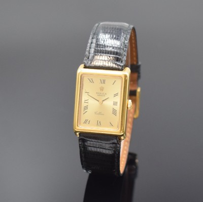 ROLEX Cellini Damenarmbanduhr in GG 750/000 Referenz 4103, Schweiz um 1975, Handaufzug, rechteck. Geh., Boden aufgedr., orig. Krone, gold. Zifferbl. ...