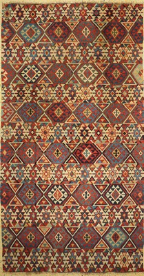 Antiker Kuba Kelim, Kaukasus, 19.Jhd, Wolleauf Wolle, ca. 323 x 170 cm, EHZ: 2, (kleine Löcher)