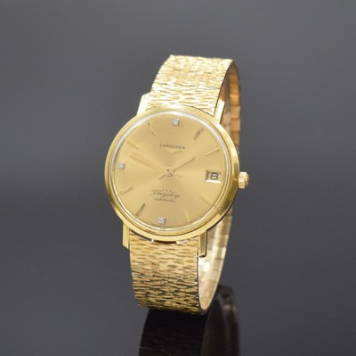 LONGINES Flagship Herrenarmbanduhr in GG 750/000, Schweiz um 1966, Automatik, neutr. GG 750/000 Band, Boden verschr., champagnerfarb. Zifferbl. m. ...