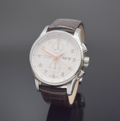 HAMILTON Herrenchronograph in Stahl, Schweiz um 2020, Automatik, beids. Saphir- vergl. Geh., Boden 6-fach verschr., orig. Lederband m. Stahl ...