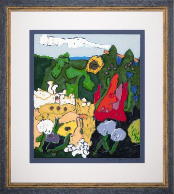 Klaus Fussmann, geb. 1938, Lithographie aus Linol, "Garten in Gelting", Ed. 44/70, Platte 50x42 cm, unter Glas gerahmt, 78x70 cm, verso auf ...